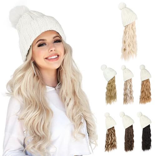 Flufymooz Beanie Wig Hat, Long Wavy Curly Black Hairpiece with Faux Fur Pom, Attached 20 Inch Synthetic Hair for Women Girls Winter (Cool Blonde) - color: White Hat-cool Blonde, size: 20 Inch
