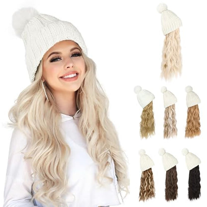 Flufymooz Beanie Wig Hat, Long Wavy Curly Black Hairpiece with Faux Fur Pom, Attached 20 Inch Synthetic Hair for Women Girls Winter (Cool Blonde) - color: White Hat-cool Blonde, size: 20 Inch