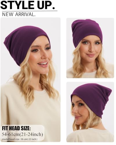 Thin 100% Cotton Fine-Knit Beanie Hat Slouchy Soft Chemo Skull Cap - color: 1-purple