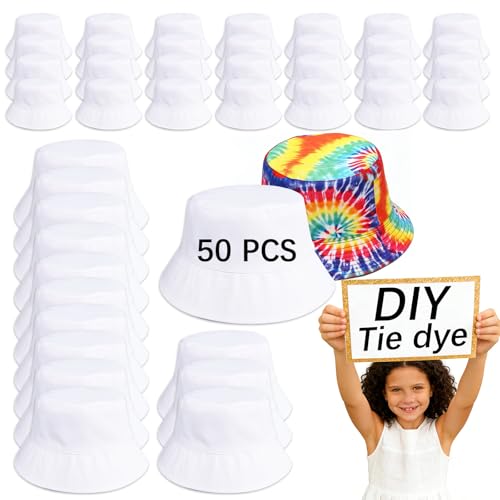 Bucket Hats Bulk Solid Color DIY Blank Hat Bucket Hats for Men, Women and Adults - color: 50 Pcs White