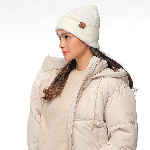 C.C Fuzzy Beanie for Women Unisex - Acrylic Stretchable Soft Warm Knit Winter Skully Hat - color: Feather Yarn-ivory