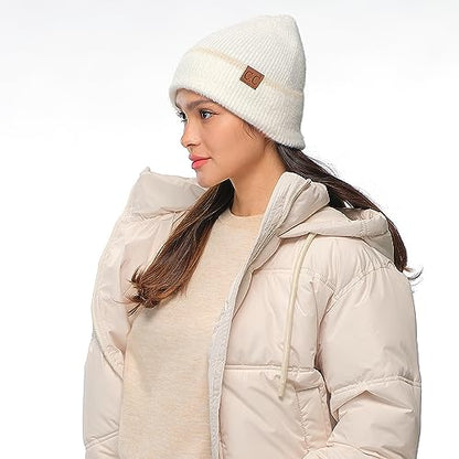 C.C Fuzzy Beanie for Women Unisex - Acrylic Stretchable Soft Warm Knit Winter Skully Hat - color: Feather Yarn-ivory