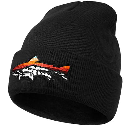 Knit Winter Beanie Hats for Men Women Cuffed Skull Cap with Mountain Embroidery Outdoor Christmas & New Year Gifts - color: Fish/Black