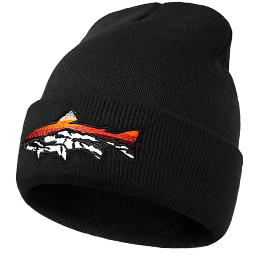 Knit Winter Beanie Hats for Men Women Cuffed Skull Cap with Mountain Embroidery Outdoor Christmas & New Year Gifts - color: Fish/Black
