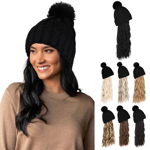 Flufymooz Beanie Wig, Hat Hair Extension Long Wavy Curly Black Hat Wig with Faux Fur Pom, Attached 20 Inch Synthetic Hairpiece for Women Girls Winter (Natural Black) - color: Black Hat-natural Black, size: 20 Inch
