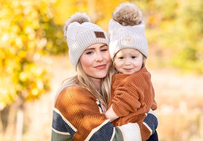Funky Junque Mommy & Me Double Pom Beanies 3-Pack Matching Winter Hats for Mom, Toddler & Infant Girls, Cozy Knit Family Set - color: Diagonal Basketweave - Beige