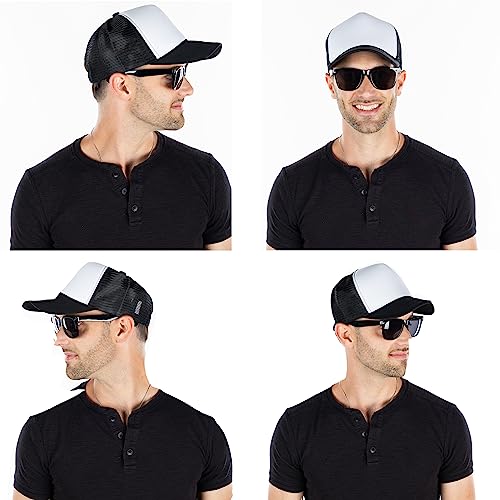 Funky Junque Blank Mesh Foam Lightweight Snapback Trucker Hat - color: Hat (Black/White) & Sunglasses (Black)