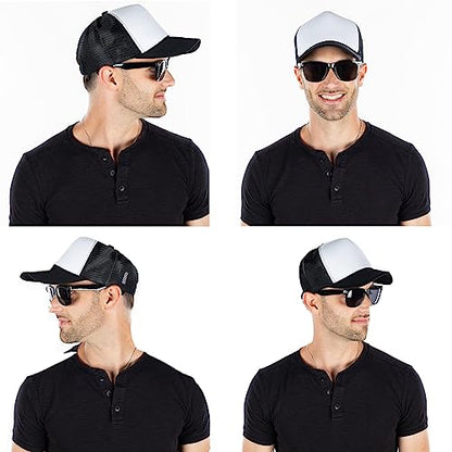 Funky Junque Blank Mesh Foam Lightweight Snapback Trucker Hat - color: Hat (Black/White) & Sunglasses (Black)
