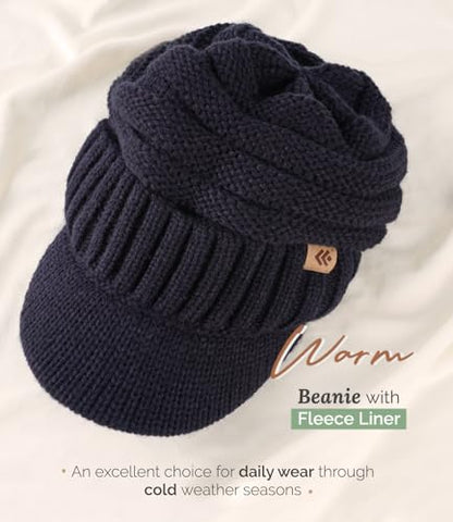 Women Men Winter Beanie Hat with Visor, Warm Fleece Lined Beanie Cap, Thick Knit Cap Slouchy Hat with Brim - color: Navy Blue