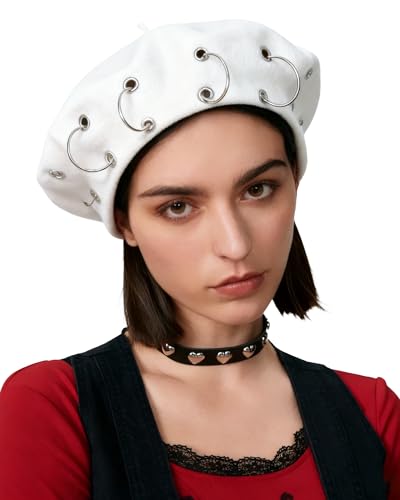 AWAYTR Punk Beret Hat for Women - 90% Wool Blend Goth Alt French Cap - color: White