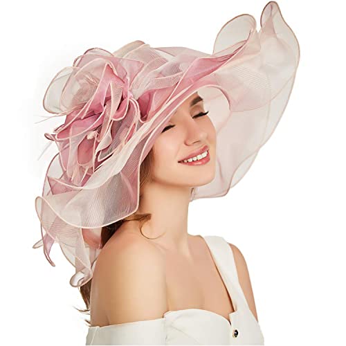 Women Oganza Sun Hat Church Wide Brim Wedding Formal Fascinator Hat - color: Gradient Pink(not a Vibrant Pink, It is More Pale)