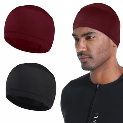 Cooling Skull Caps for Men Hard Hat Helmet Liner Cycling Cap Running Beanie - color: 2pcs-（black+wine Red）
