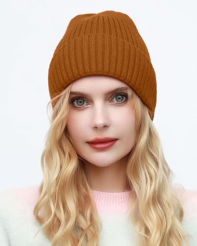 ROYBENS Womens Satin Lined Beanie for Men Wool Knit Cuffed Warm Winter Hats - color: 1pcs-camel