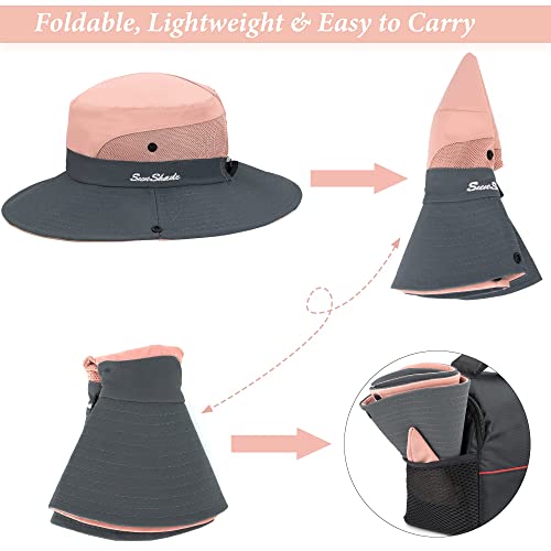 Women's Outdoor-UV-Protection-Foldable-Sun-Hats-Wide-Brim Hat Ponytail-Hole - color: Pink