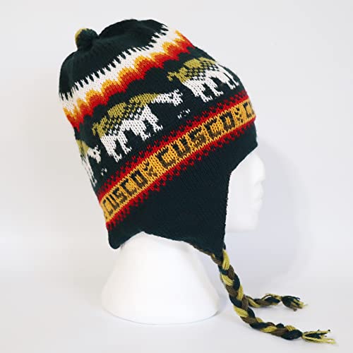 Alpaca Wool Blend Winter Hat Chullo Inca Peruvian Design Reversible with Earflaps. Beanie Medium Size. Unisex - color: Green Uniform/Green Pine