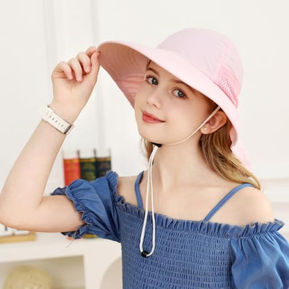 XIAOHAWANG Girls Sun Hat Baby Beach Hats Boys UPF 50+ Kids Summer Protection Cap Toddler Breathable Caps Wide Brim Neck Flap - color: Rose, size: 6-12 Years