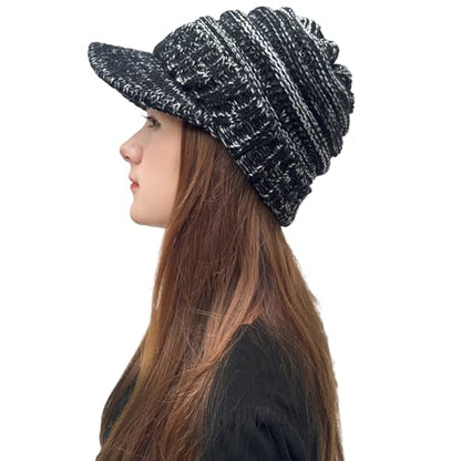 XYIYI Beanie Tail Winter Warm Knit Messy High Bun Ponytail Hats Visor Beanie Cap - color: A Black White