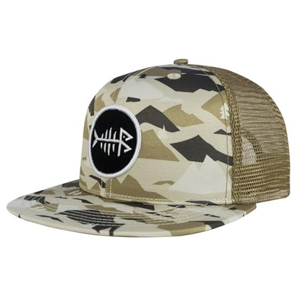BASSDASH Flat Brim Trucker Cap Adjustable Snapback Hat Mesh Back for Men Women - color: Mountain Camo