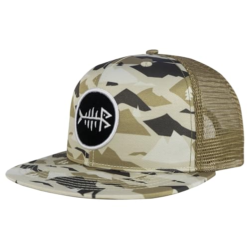 BASSDASH Flat Brim Trucker Cap Adjustable Snapback Hat Mesh Back for Men Women - color: Mountain Camo
