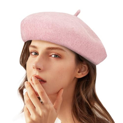 Gllutt Women Wool Beret Hat French Style Solid Color - color: Pink