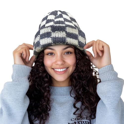 CLAPE Womens Cute Slouchy Beanies Hats, Winter Warm Chunky Checkered Beanie Large Cuff Knitted Hat Ski Cap for Cold Weather - color: Kh56-grey-white