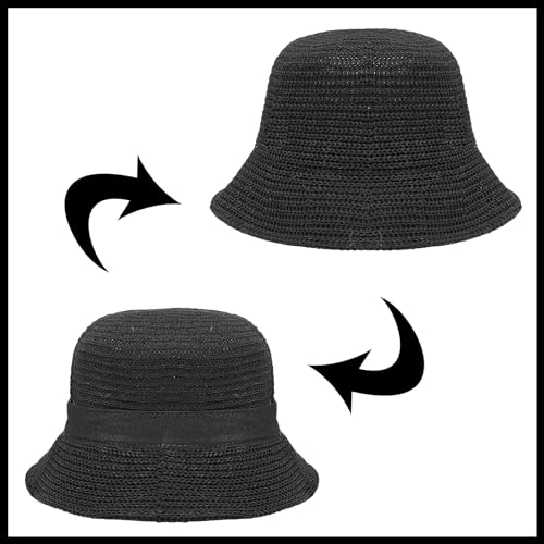Eigso Womens Mesh Woven Bucket Hats Summer Outdoor Beach Straw Bucket Hat for Woman Packable Beach Hat - color: A3 : Black
