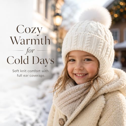 Toddler Baby Winter Hat with Earflap Kids Warm Twisted Knit Hat Infant Pom Pom Beanie Ski Cap for Baby Girls Boys - color: Beige, size: 6-24 Months