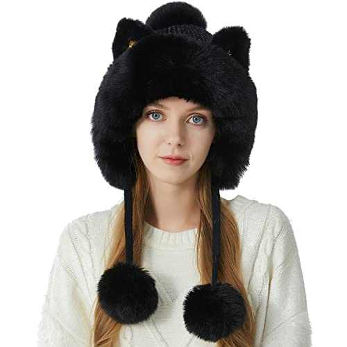 HUAMULAN Women Winter Sherpa Knit Beanie Hat Fleece Lined Ear Flaps - color: Black Solid