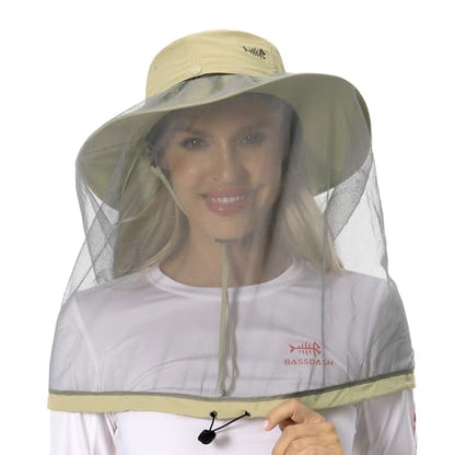 BASSDASH UPF 50+ Mosquito Sun Hat with Hidden Head Net and Neck Flap for Men Women Outdoor Fishing Hiking Camping - color: Khaki