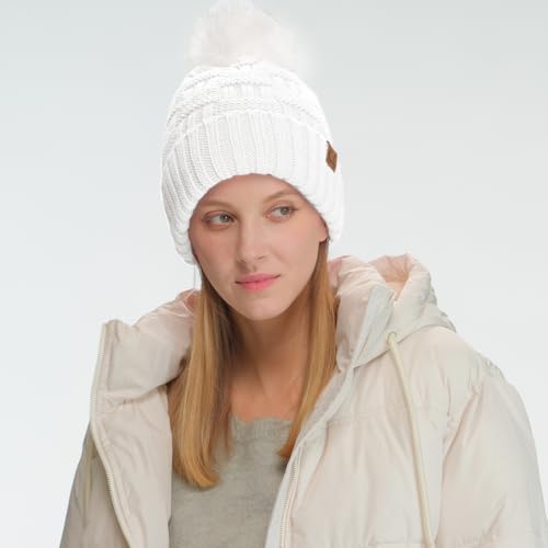 C.C Knit Beanie Hat – Fuzzy Fleece Lined Warm Winter Hat, Faux Fur Pom Soft Stretchy Slouchy Knit Cap, Cold Weather Beanie - color: White / White Pom
