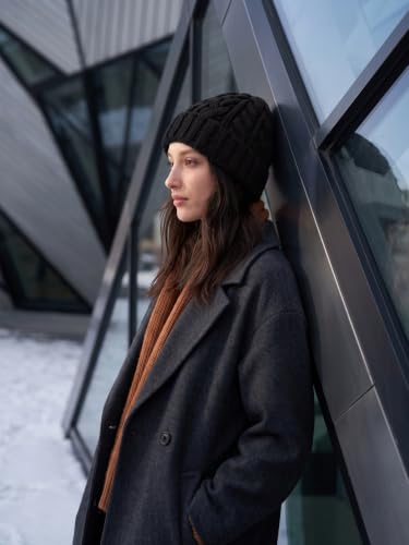 Winter Hats for Women Cable Knit Chunky Skull Cap Fleece Lined Thick Fold Cuff Beanie hat - color: Black, style: Wheat Spike