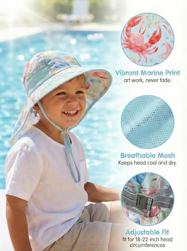 icolor Kids Sun Hat UPF50+ Sun Protection Bucket Hat Toddler Summer Beach Play Hats with Neck Flap for Girl Boy Ages 3~10 - color: Marine Animals