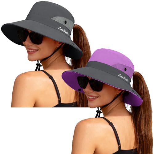 ZOORON Women's Ponytail Safari Sun Hat,Wide Brim UV Protection Bucket Hat - color: 2-purple+grey