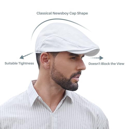 Newsboy Cap for Men 100% Cotton Mens Flat Hats Newsies Hat Classic Irish Gatsby Ivy Cabbie Golf Hats - color: White, size: Large-X-Large