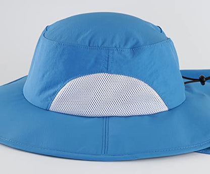 Home Prefer Outdoor UPF50+ Mens Sun Hat with Neck Flap Womens UV Protection Hat Wide Brim Safari Fishing Hiking Gardening Hat - color: Blue