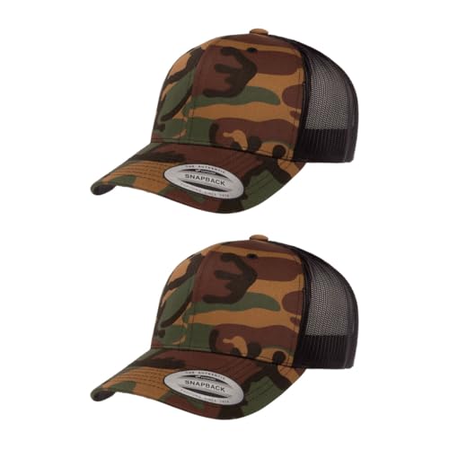 Yupoong Classic Mesh 6 Panel Retro Trucker Cap | Mid Profile Snapback - color: Green Camo/Black