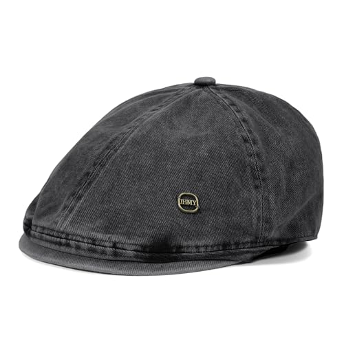Clakllie Octagonal Newsboy Hat with Chic Stripe Design Herringbone Ivy Cabbie Hat Denim Cotton Gatsby Driving Cap for Daily - color: Nb2610-washedblack