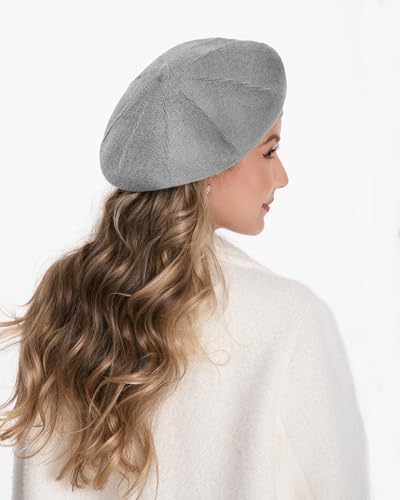 Women's Knitted Beret, French Style Double Layer Winter Autumn Warm and Soft Beanie Hat Cap - color: Light Gray