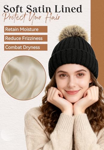 Zando Women's Satin Lined Beanie with Faux Fur Pom Pom - color: Black Yarn