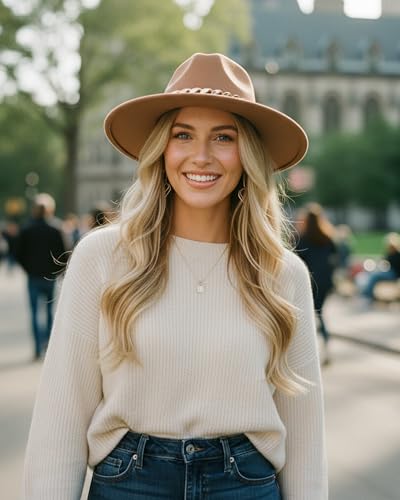 Men & Women Wide Brim Fedora Hat with Chain Buckle - color: Chain Belt-khaki