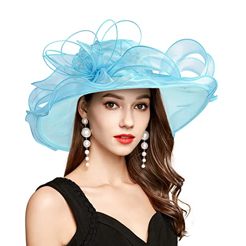 2026 Derby Hats for Women Ladies, Classy Organza Sun Hat, Church Tea Party Wedding Kentucky Fascinator Hat - color: C4062-light Blue