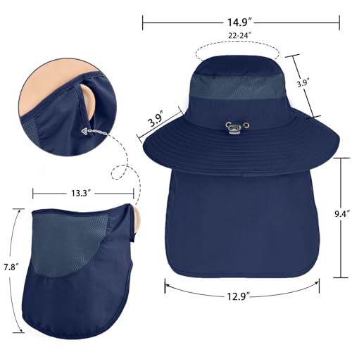 ZOORON Sun Hats for Men Women with Neck Flap Fishing UPF 50+ UV Protection - color: Navy Blue (With Face Cover)
