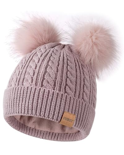 FISFET Beanies Women with Double Pom Pom, Winter Hats for Women Cold Weather Warm Knit Fleece Lined, Cute Beanie Cap - color: Pink