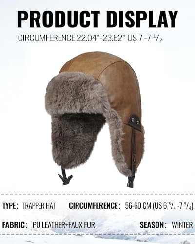 Croogo Eskimo Hat Russian Ushanka Trooper Hat Leather Trapper Aviator Hats Fur Lined Earflap Winter Cap Snow Ski Hats - color: Pl2508-camel