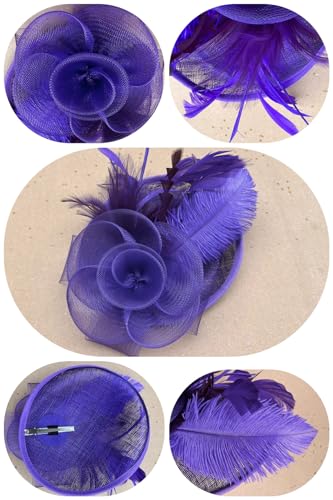 SAFERIN Women's Fascinators Feathers Tea Party Hat Veil Headband with Hair Clip for Cocktail Church - color: Ta4-purple