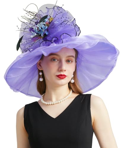 Women Organza Derby Hat Fascinator Tea Party Wedding Church Derby Hat Fascinator Hats Dual-use - color: 02d Light Purple