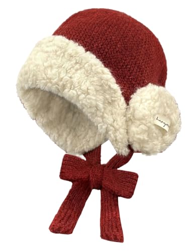 Women Winter Fleece Beanie Hat with Ear Flaps Soft Warm Crochet Skull Caps - color: Red