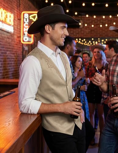 COOFANDY Men's Western Vest Suede Cowboy Vest Casual Slim Fit Waistcoat - color: Beige (With Pattern), size: 3X-Large