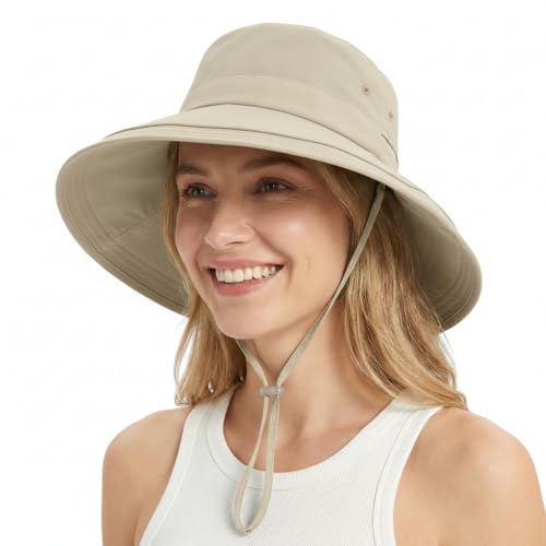 Women Summer Wide Brim Sun Hat UV Protection Ponytail Hole Waterproof Foldable Bucket Hat for Beach Hiking Travel - color: Beige