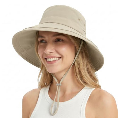 Women Summer Wide Brim Sun Hat UV Protection Ponytail Hole Waterproof Foldable Bucket Hat for Beach Hiking Travel - color: Beige
